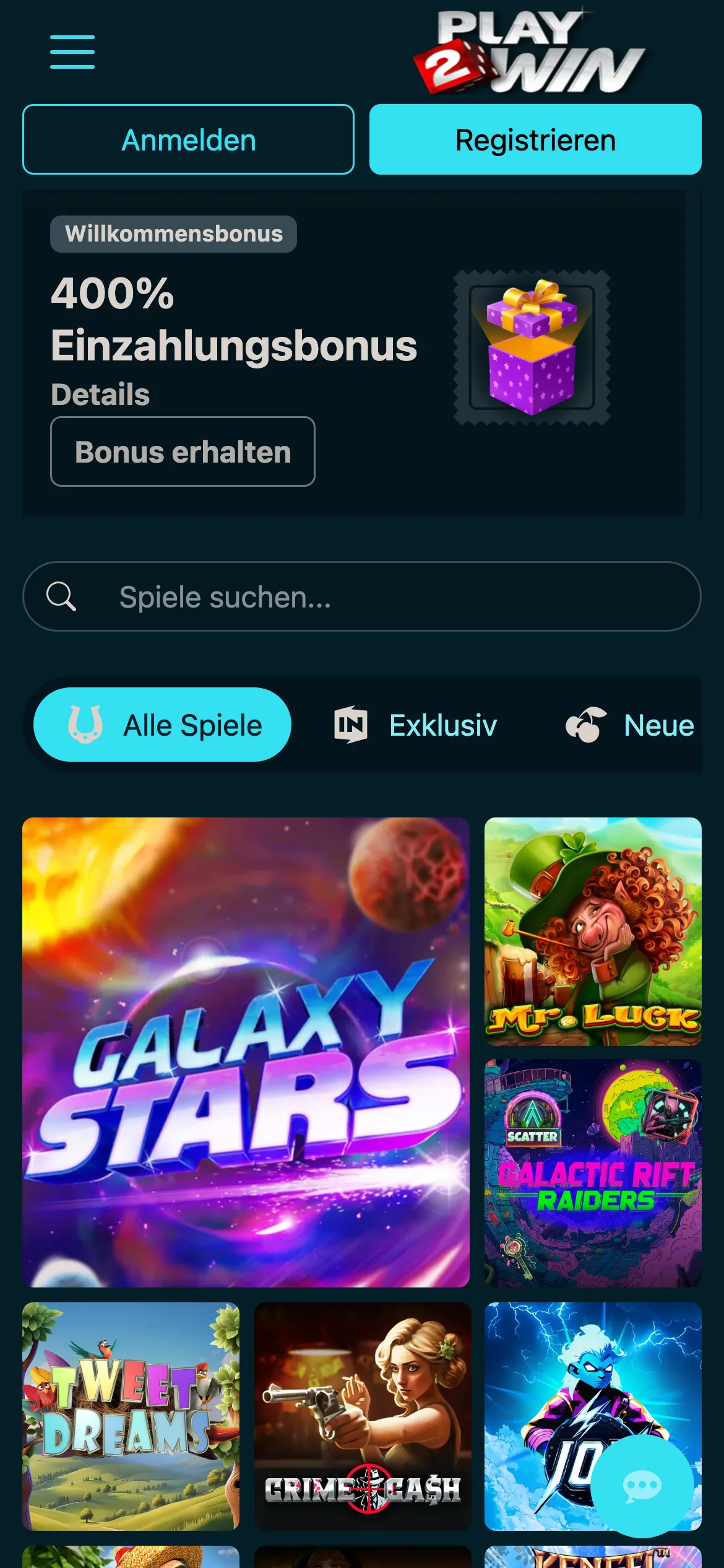 Play2Win Casino mobile lobby screenshot